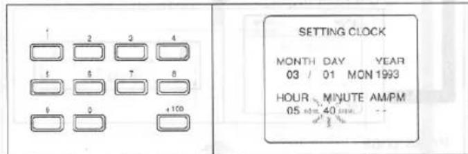 SETTING CLOCK MONTH DAY YEAR 03 / 01 MON 1993 HOUR MINUTE AMPM 05 ±0.40 mm / -- +100