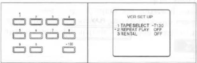 1 2 3 4 5 4 7 8 9 5 >100 VCR SET UP 1 TAPE SELECT -T130 -2 REPEAT PLAY OFF 3 RENTAL OFF