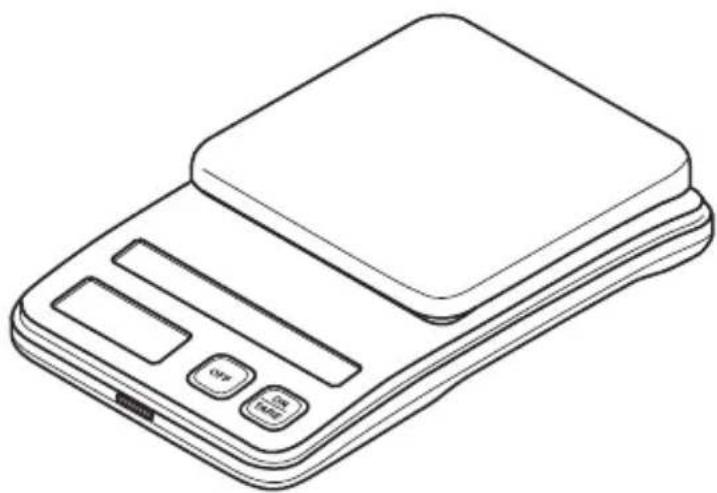 Line drawing of a digital kitchen scale with buttons and a flat top (no text or symbols)