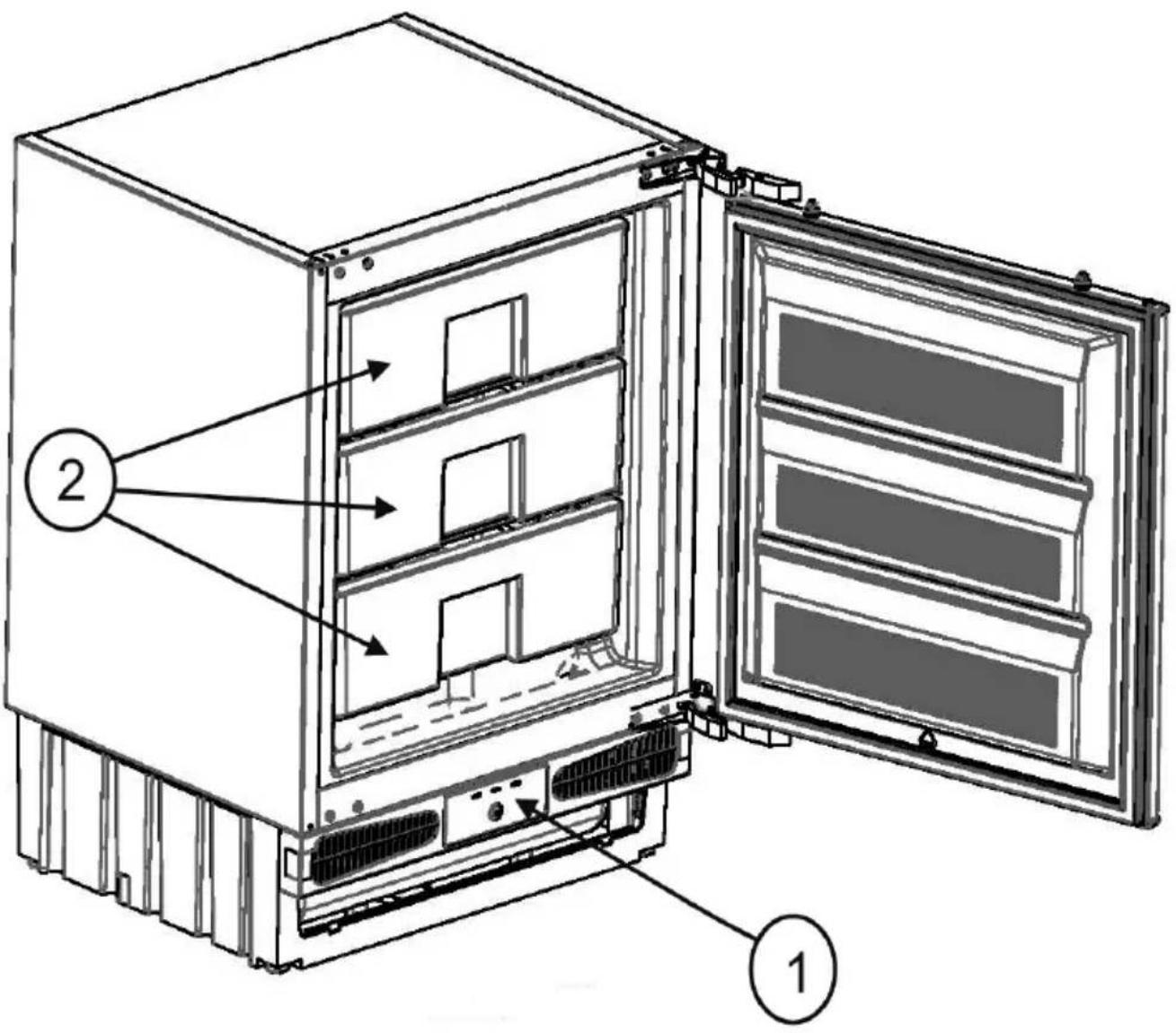 Technical diagram of an open refrigerator with labeled components and internal compartments