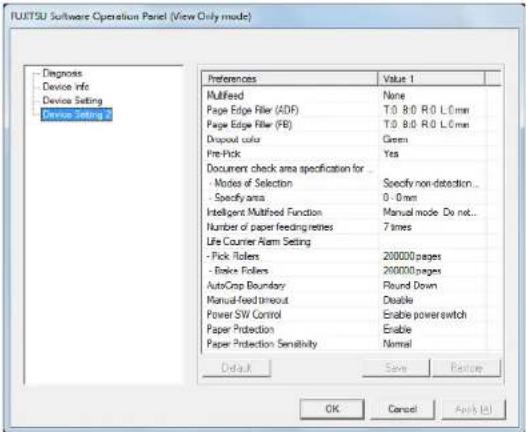 RUTTSU Software Operation Panel (View Only mode) - Diagnoses - Device Info - Device Setting - Device Setting 3 Preferences Value 1 Multifed None Page Edge Filter (ADF) T0.8:0 R0 L0mm Page Edge Filter (FB) T0.8:0 R0 L0mm Dropout color Green Pre-Pick Yes Document check area specification for ... - Modes of Selection Specify non-detection... - Specify area 0 -0mm Intelligent Multifed Function Manual mode Do not... Number of paper feeding/reties 7 times Life Courier Alarm Setting - Pick Rollers 200000 pages - Bink Foliers 200000 pages AutoCrop Boundary Round Down Manual-feed timeout Disable Power SW Control Enable power switch Paper Protection Enable Paper Protection Sensitivity Normal Default Save Finish OK Cancel Apply (A)