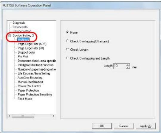 FUIITSU Software Operation Panel Diagnosis Device Info Device Setting Device Setting 2 Multi-lead Page Edge Filter (ADF) Page Edge Filter (FB) Dropout color Pie Pick Document check area specific Intelligent Multi-lead Function Number of paper feedings Life Counter Alarm Setting AutoCrop Boundary Manual feed timeout Power SW Control Paper Protection Paper Protection Sensitivity Food Mode None Check Overlapping(Ultrasonic) Check Length Check Overlapping and Length Length: 10 mm OK Cancel Apply(A)