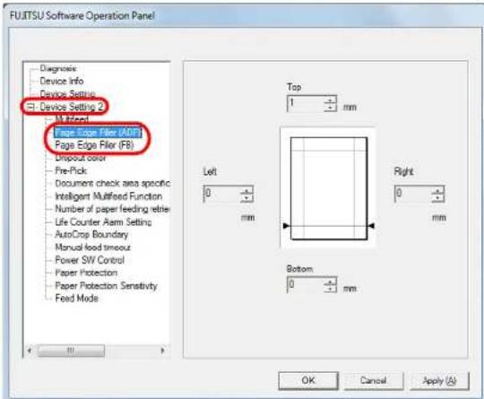 FUJITSU Software Operation Panel Diagnose Device Info Device Setup Device Setting 2 Multifinal Page Edge Fillet (A/U) Page Edge Fillet (FB) Dropout color Pre-Pick Document check area specific Intelligent Multifixed Function Number of paper feeding retires Life Counter Arm Setting AutoCrop Boundary Manual load timeout Power SW Control Paper Protection Paper Protection Sensitivity Feed Mode Top 1 mm Left 0 mm Right 0 mm Bottom 0 mm OK Cancel Apply (A)