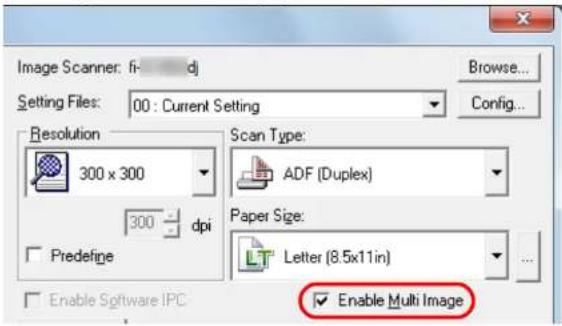 Image Scanner: fi- dj Setting Files: 00 : Current Setting Browse... Config... Resolution 300 x 300 Scan Type: ADF (Duplex) 300 dpi Paper Size: Letter (8.5x11in) Predefine Enable Software IPC Enable Multi Image