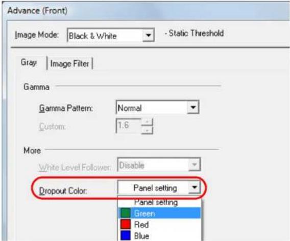 Advance (Front) Image Mode: Black & White - Static Threshold Gray | Image Filter | Gamma Gamma Pattern: Normal Custom: 1.6 More White Level Follower: Disable Dropout Color: Panel setting Panel setting Green Red Blue