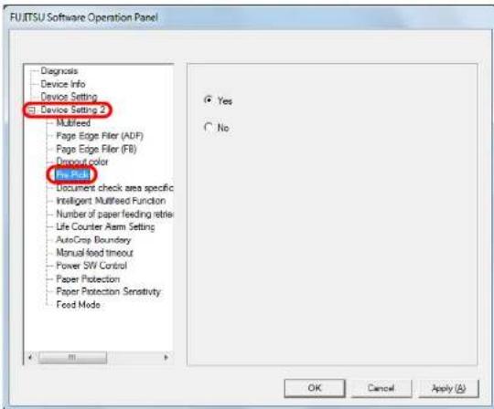 FUJITSU Software Operation Panel Diagnosis Device Info Device Setting Device Setting 2 Multifeed Page Edge Filer (ADF) Page Edge Filer (FB) Discount color File Push Document check area specific Intelligent Multifeed Function Number of paper feeding retrik Life Counter Arm Setting AutoCrop Boundary Manual feed timeout Power SW Control Paper Protection Paper Protection Sensitivity Feed Mode Yes No OK Cancel Apply (A)