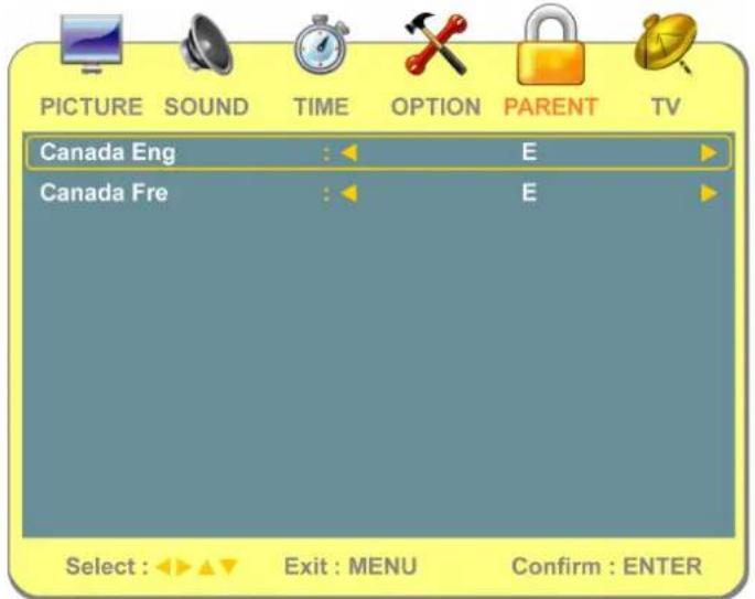 PICTURE SOUND TIME OPTION PARENT TV Canada Eng : E Canada Fre : E Select : Exit : MENU Confirm : ENTER