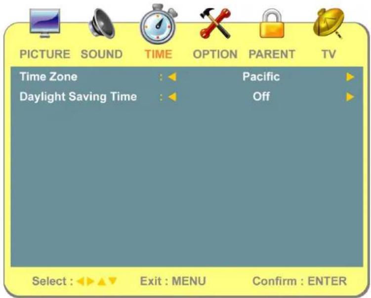 PICTURE SOUND TIME OPTION PARENT TV Time Zone : Pacific Daylight Saving Time : Off Select : Exit : MENU Confirm : ENTER
