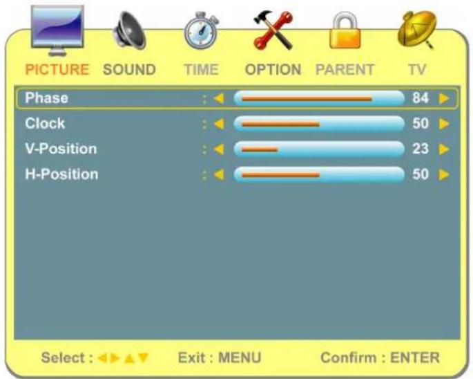 PICTURE SOUND TIME OPTION PARENT TV Phase 84 Clock 50 V-Position 23 H-Position 50 Select : Exit : MENU Confirm : ENTER