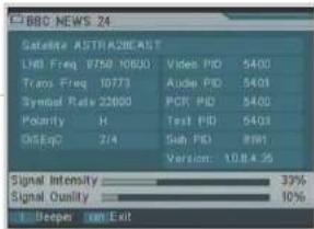 BBC NEWS 24 Satellite ASTRA2BEAST LND Freq 9750 10650 Video PID 5400 Trans Freq 10773 Audio PID 5400 Symbol Rate 22600 POP PID 5400 Polarity N Text PID 5400 OnSeqO 2/4 Sub PID 8981 Version: 10.8.4.36 Signal Intensity 33% Signal Quality 10% Deepen Exit