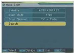 Auto Scan Satellite ASTRA20EAST Scan Mode Free Scan Channel TV + Radio Search Select Change Enter Exit