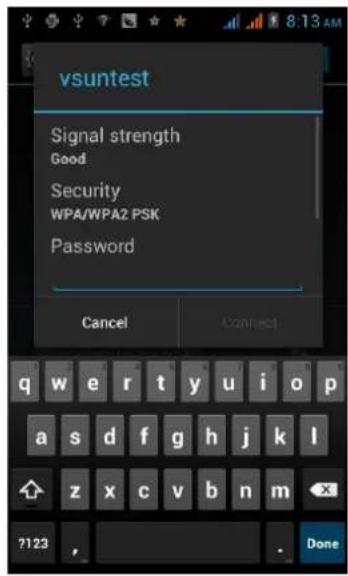 vsuntest Signal strength Good Security WPA/WPA2 PSK Password Cancel Connect q w e r t y u i o p a s d f g h j k l z x c v b n m ?123 Done