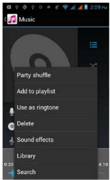 Music Party shuffle Add to playlist Use as ringtone Delete Sound effects Library Search