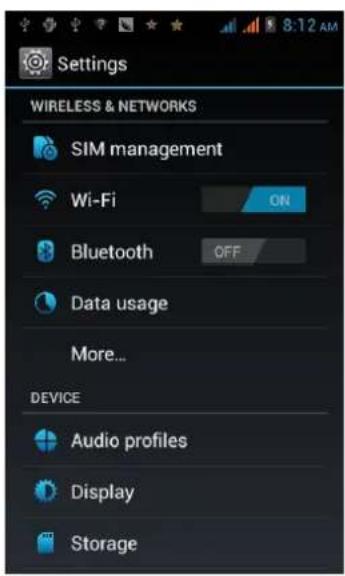 Settings WIRELESS & NETWORKS SIM management Wi-Fi ON Bluetooth OFF Data usage More... DEVICE Audio profiles Display Storage