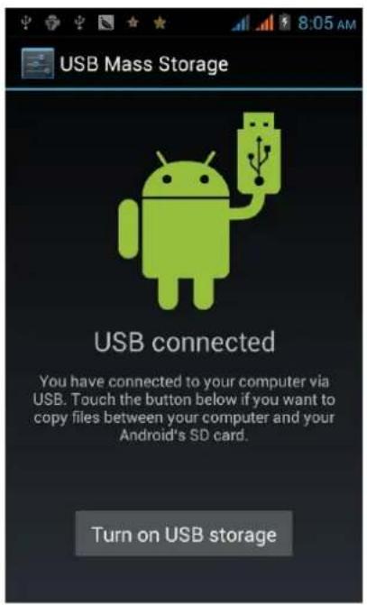 USB Mass Storage USB connected You have connected to your computer via USB. Touch the button below if you want to copy files between your computer and your Android's SD card. Turn on USB storage