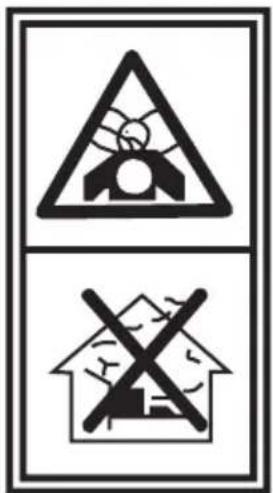 Two safety warning symbols: a triangular warning triangle with explosion and a house with crossed-out lines indicating no hazard.