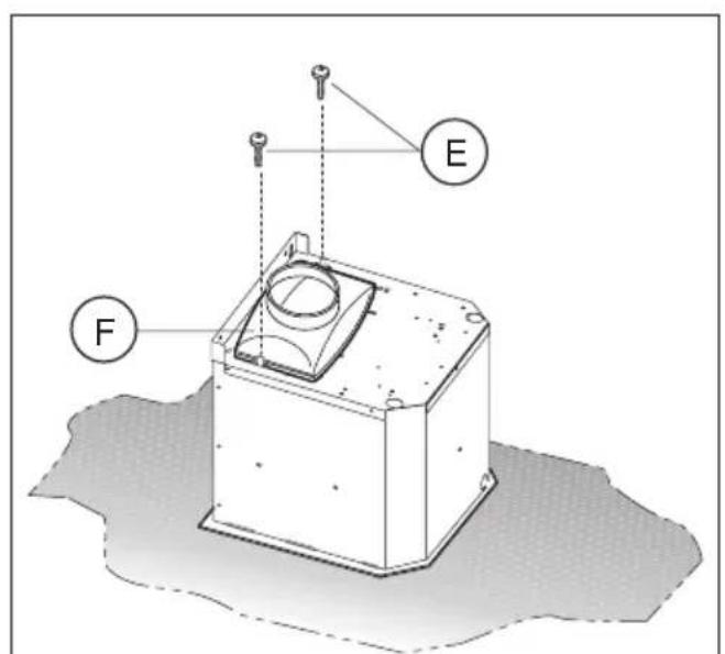 Technical diagram of a mechanical device with labeled components F and E, showing internal components and alignment indicators.