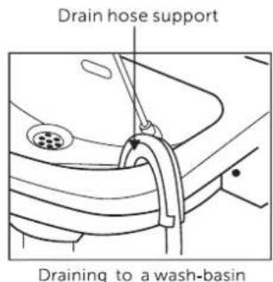Drain hose support Draining to a wash-basin