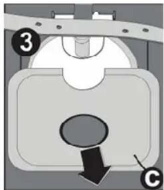 Diagram of a mechanical component with labeled parts and directional arrow, showing a circular component with internal structure.