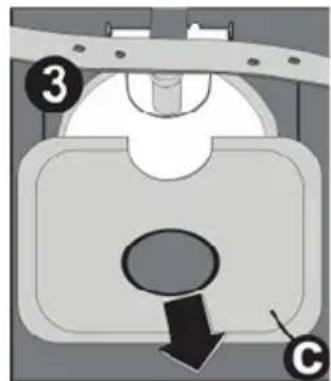 Diagram of a mechanical component with labeled parts and directional arrow, showing a circular feature and a downward arrow.