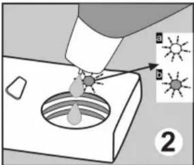 Diagram illustrating a droplet being injected into a container with two labeled diagrams (a and b) showing light sources.