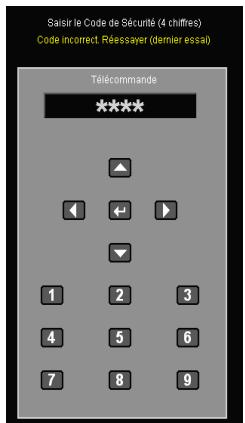 Saisir le Code de Sécurité (4 chiffres) Code incorrect. Réessayer (dernier essai) Télécommande **** ▲ ◄ ← ► ▼ 1 2 3 4 5 6 7 8 9