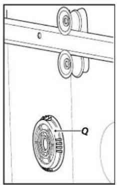 Technical diagram showing mechanical components with labeled parts Q and a reference line O