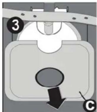 Diagram of a mechanical device with labeled parts and directional arrow, showing components like '3' and 'C'