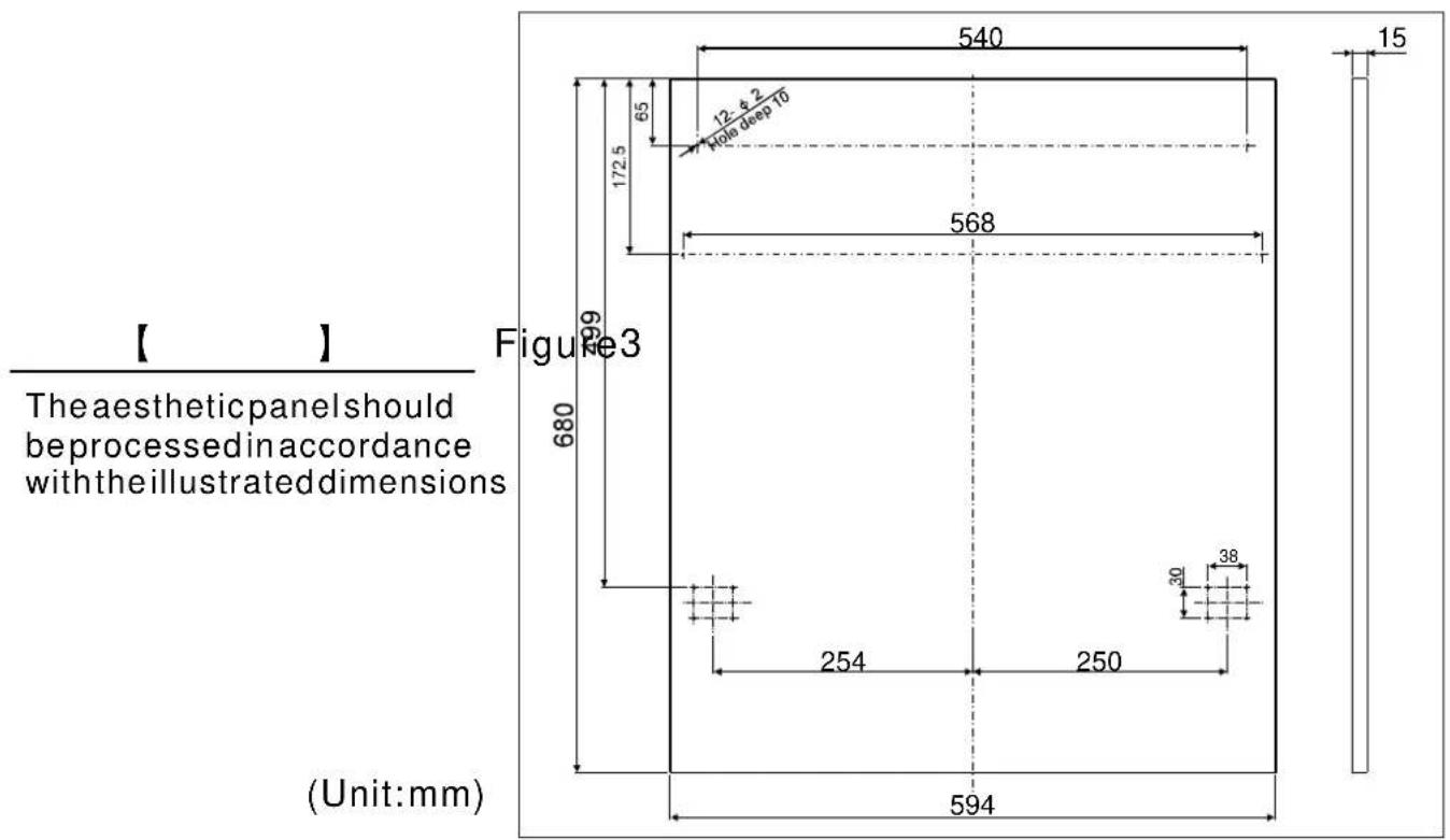 【 】 The aesthetic panel should be processed in accordance with the illustrated dimensions Figure 3 680 172.5 65 540 12 & 2 hole deep 10 568 99 30 38 254 250 594 (Unit:mm) 15