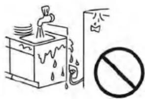 Safety warning illustration showing a shower machine with water droplets and a prohibition symbol