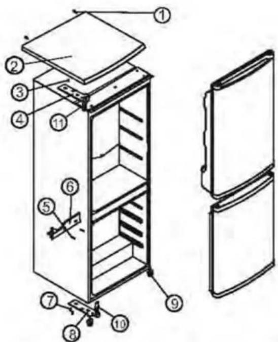 Technical diagram of a refrigerator with numbered parts for identification and assembly reference