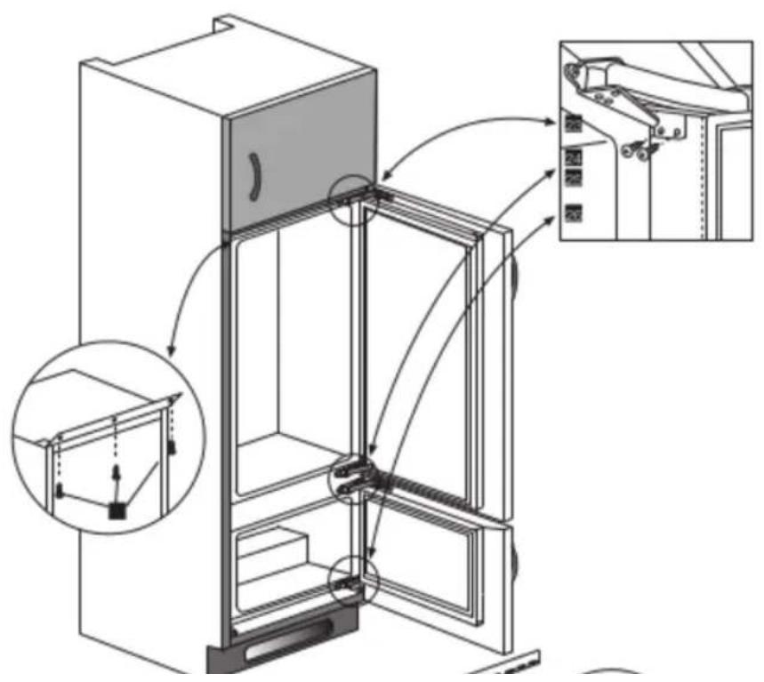 Technical diagram of a refrigerator with labeled components and internal structure, showing structural details and component insertion.
