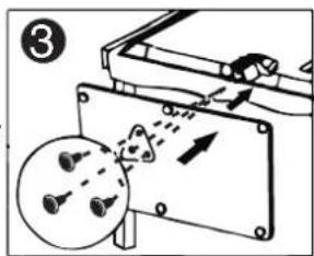 Diagram illustrating a mechanical or electrical assembly with labeled components and directional arrows, including a magnified inset showing screw holes.