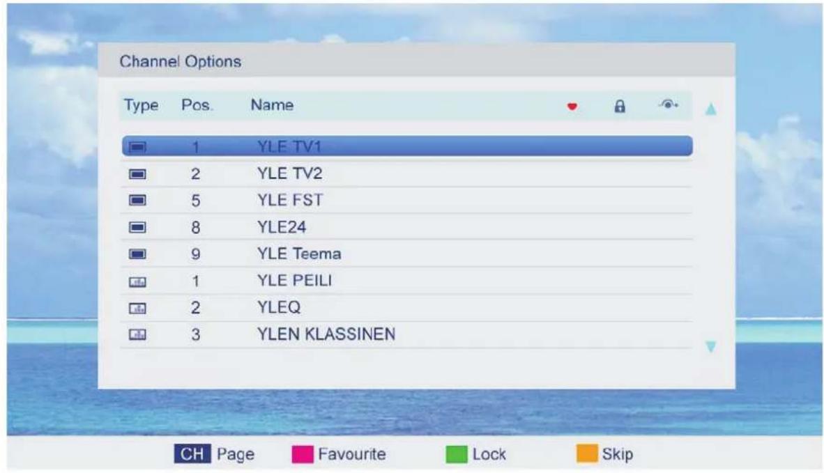 Channel Options Type Pos. Name 1 YLE TV1 2 YLE TV2 5 YLE FST 8 YLE24 9 YLE Teema 1 YLE PEILI 2 YLEQ 3 YLEN KLASSINEN CH Page Favourite Lock Skip