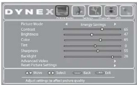 DYNEX Picture Mode Contrast Brightness Color Tint Sharpness Backlight Advanced Video Reset Picture Settings Energy Savings 65 47 85 0 55 26 Move Select Back Exit Adjust settings to affect picture quality