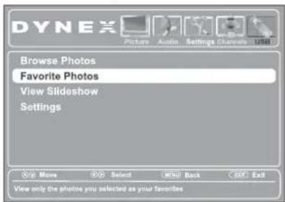 DYNEX Picture Audio Settings Channels USB Browse Photos Favorite Photos View Slideshow Settings © Move Select HTML Back Exit View only the photos you selected as your favorites