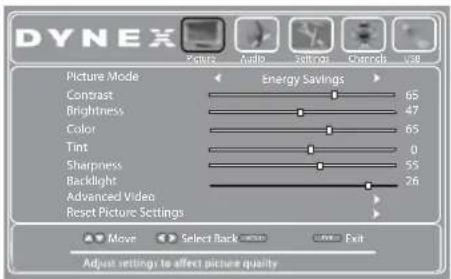 DYNEX Picture Mode Contrast Brightness Color Tint Sharpness Backlight Advanced Video Reset Picture Settings Energy Savings 65 47 65 0 55 26 Move Select Back Exit Adjust settings to affect picture quality
