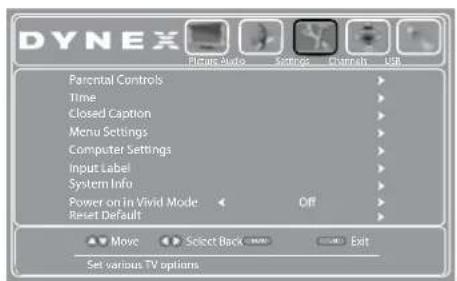 Dynex Parental Controls Time Closed Caption Menu Settings Computer Settings Input Label System Info Power on in Vivid Mode Reset Default Move Select Back Exit Set various TV options