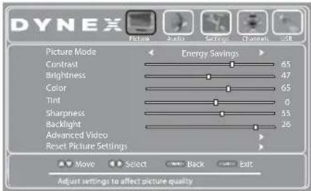 DYNEX Picture Mode Energy Savings Contrast 65 Brightness 47 Color 65 Tint 0 Sharpness 55 Backlight 26 Advanced Video Reset Picture Settings Move Select Back Exit Adjust settings to affect picture quality