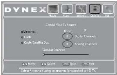 DYNEX Choose Your TV Source Antenna Cable Cable/Sandellite Box BE-CH 0 Digital Channels 0 Analog Channels Scan for Channels Movie Select Back Read Select Antenna if using an antenna for standard or HD TV.