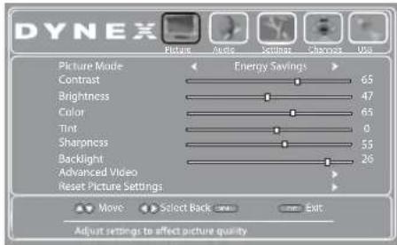 DYNEX Picture Mode Contrast Brightness Color Tint Sharpness Backlight Advanced Video Reset Picture Settings Energy Savings 65 47 65 0 55 26 Move Select Back Save Save Exit Adjust settings to affect picture quality