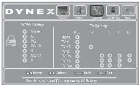 Dynex MPAA Ratings None G PG PG-13 R NC-17 X TV Ratings ALL None TV-Y TV-Y7 TV-G TV PG TV-14 TV-MA FV L S V D Move Select Back Exit Restrict movie and TV programs by US Ratings