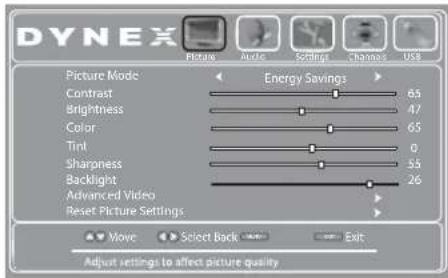 DYNEX Picture Mode Energy Savings Contrast 65 Brightness 47 Color 65 Tint 0 Sharpness 55 Backlight 26 Advanced Video Reset Picture Settings Move Select Back Exit Adjust settings to affect picture quality