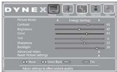 DYNEX Picture Mode Energy Savings Contrast 65 Brightness 47 Color 65 Tint 0 Sharpness 55 Backlight 26 Advanced Video Reset Picture Settings Move Select Back Fair Adjust settings to affect picture quality