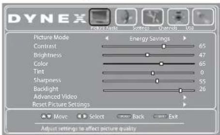 DYNEX Picture Mode Contrast Brightness Color Tint Sharpness Backlight Advanced Video Reset Picture Settings Energy Savings 65 47 65 0 55 26 Move Select Back Exit Adjust settings to affect picture quality