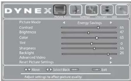 DYNEX Picture Mode Energy Savings Contrast 65 Brightness 47 Color 65 Tint 0 Sharpness 55 Backlight 26 Advanced Video Reset Picture Settings Move Select Back Exit Adjust settings to affect picture quality