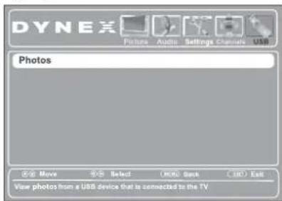DYNEX Pictures Audio Settings Channels USB Photos © Move © Select (RGB) Back Ctrl Exit View photos from a USB device that is connected to the TV