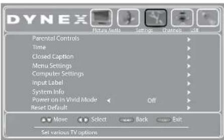 DYNEX Picture Media Settings controls call Parental Controls Time Closed Caption Menu Settings Computer Settings Input Label System Info Power on In Vivid Mode Off Reset Default Move Select Back Exit Set various TV options