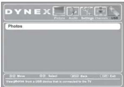 DYNEX Picture Audio Settings Channels USB Photos ©© More ©© Select wnti Back OSI Exit View photos from a USB device that is connected to the TV