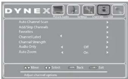 DYNEX Picture Audio Settings Channels USB Auto Channel Scan Add/Skip Channels Favorites Channel Label Channel Strength Audio Only Off Auto Zoom On Move Select Back Exit Adjust channel options